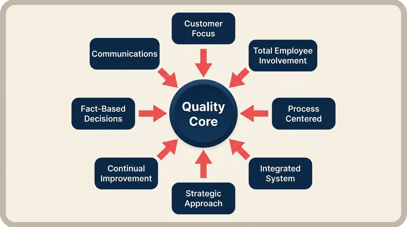 Eight principles of total quality management around a central quality core