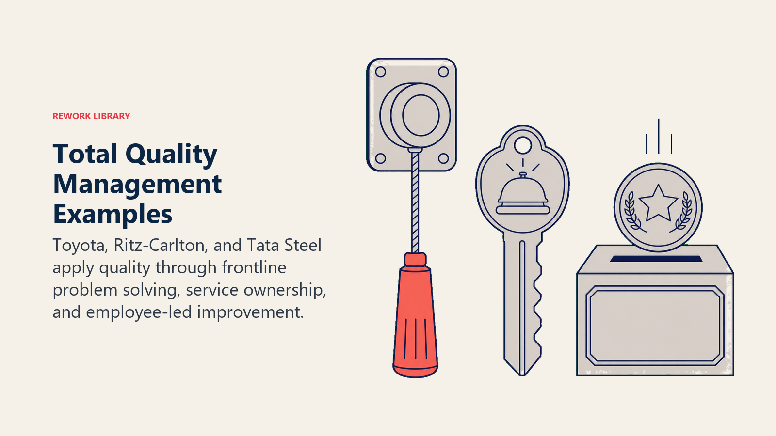 TQM examples represented by an andon cord, service recovery key, and employee improvement token