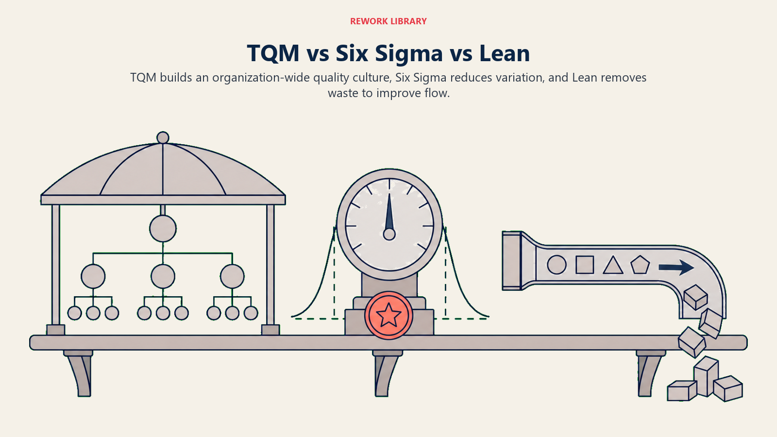 TQM versus Six Sigma versus Lean shown as culture, variation control, and waste-free flow