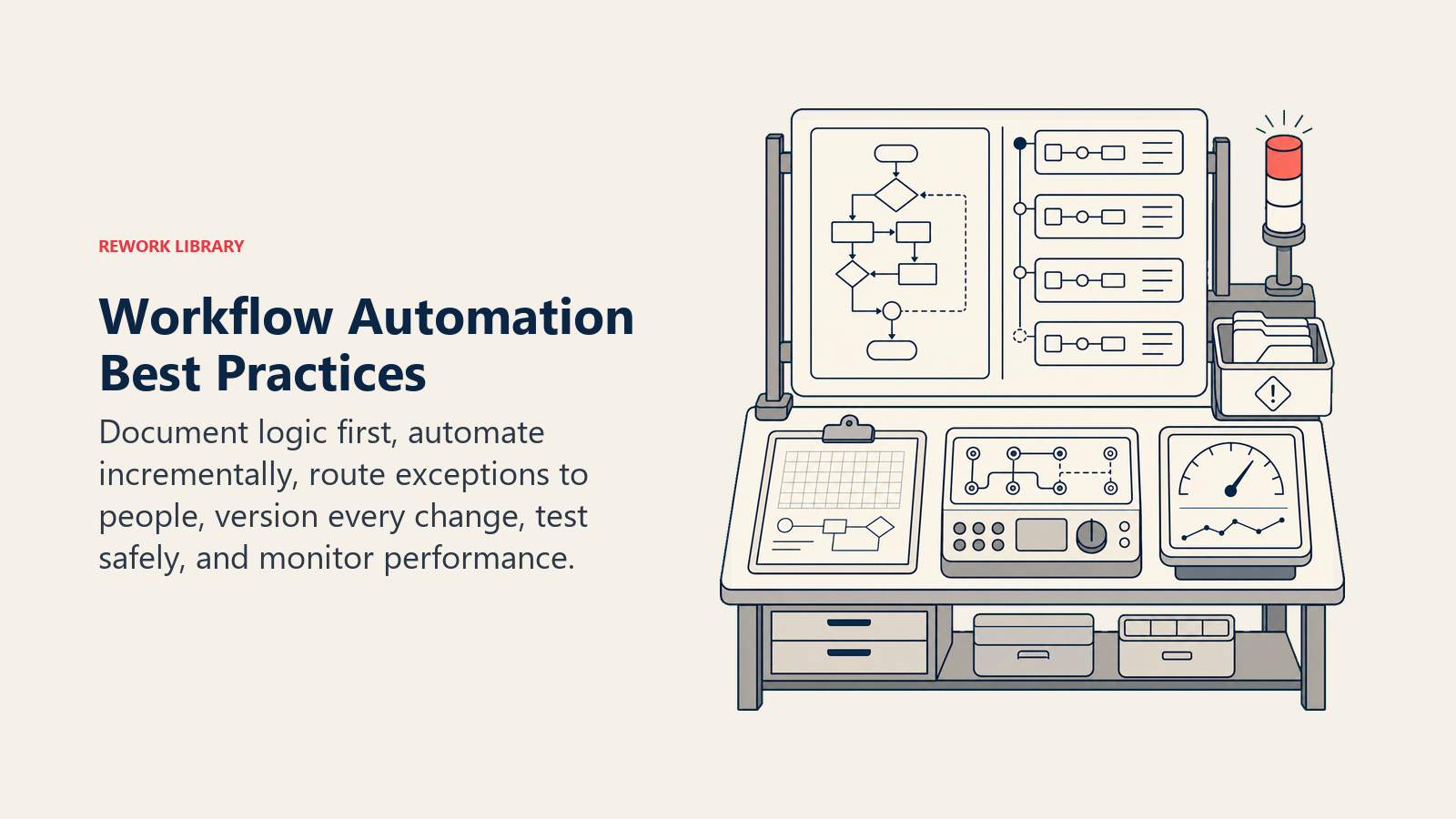 Workflow automation best practices shown as a control workbench for logic, exceptions, testing, versioning, and monitoring.