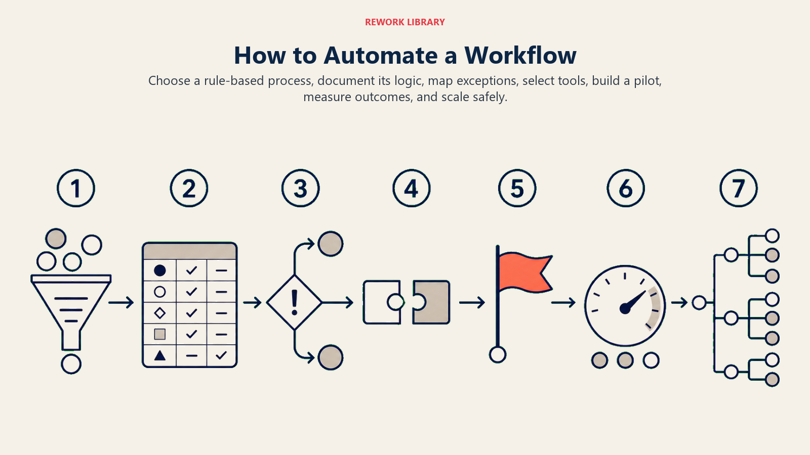 Seven steps to automate a workflow from selecting a process to measuring and scaling it.
