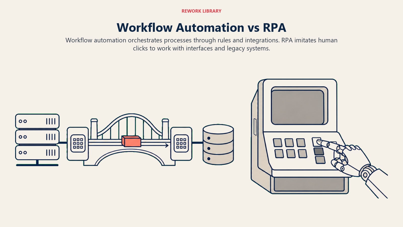 Workflow automation versus RPA comparing integration orchestration with interface-level robotic actions.