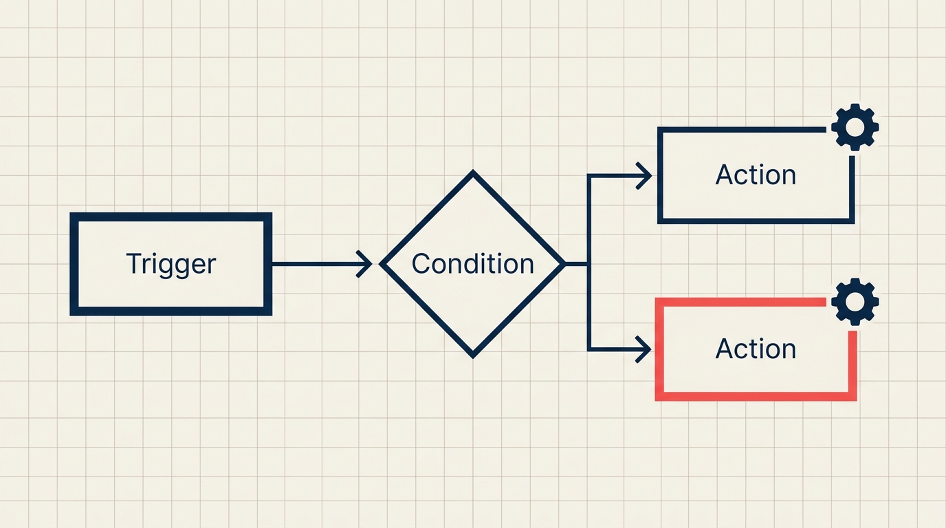 Workflow automation diagram showing a trigger node connecting through a condition to action nodes with gears and arrows orchestrating business tasks