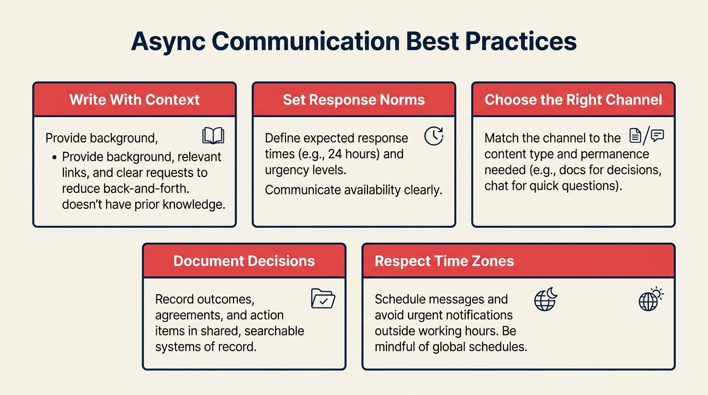 Async communication best practices showing five rules for teams across time zones and schedules