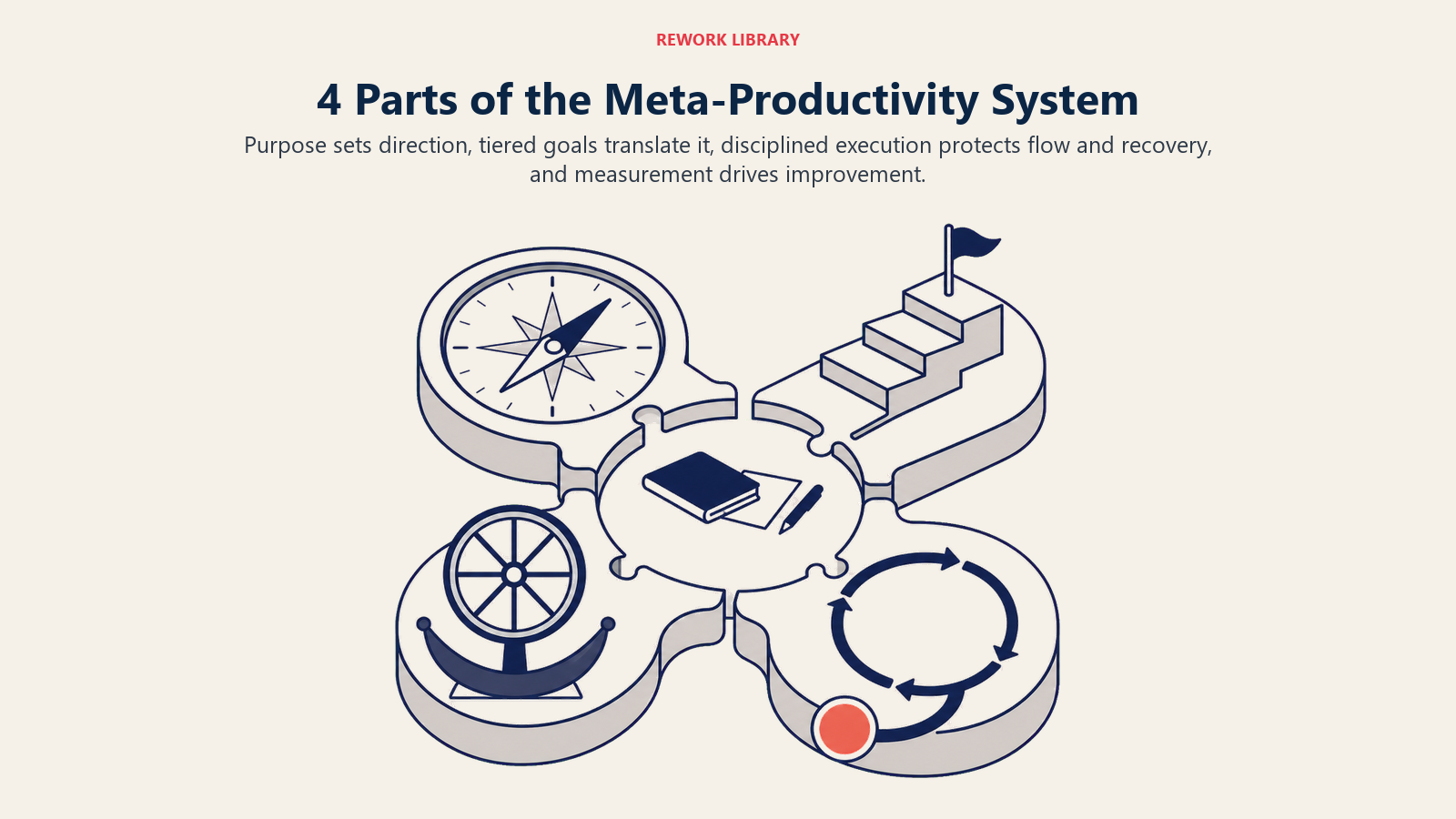 Four parts of the meta-productivity system shown as purpose, goals, execution and recovery, and measurement mechanisms