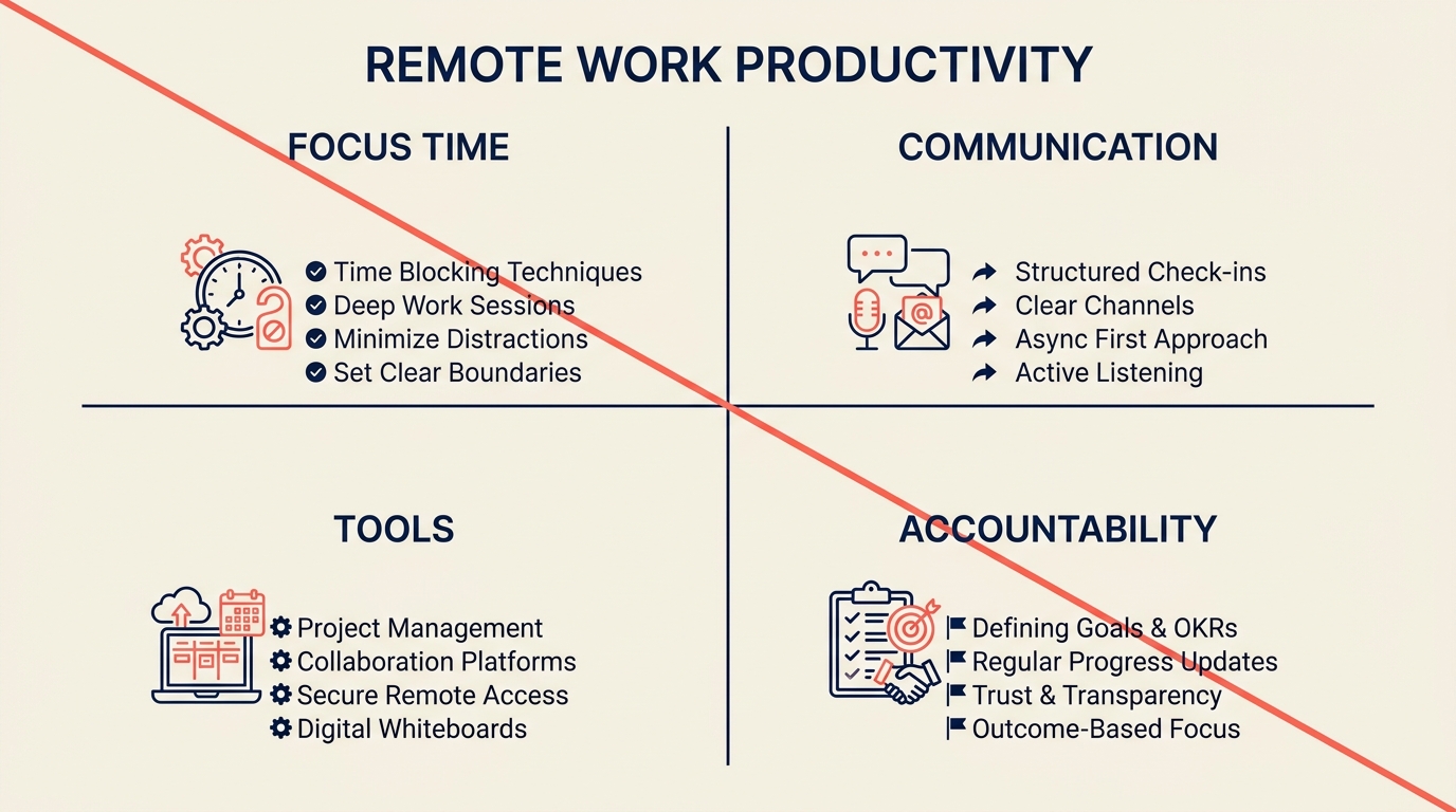 Remote work productivity framework with four quadrants: focus time, communication, tools, and accountability