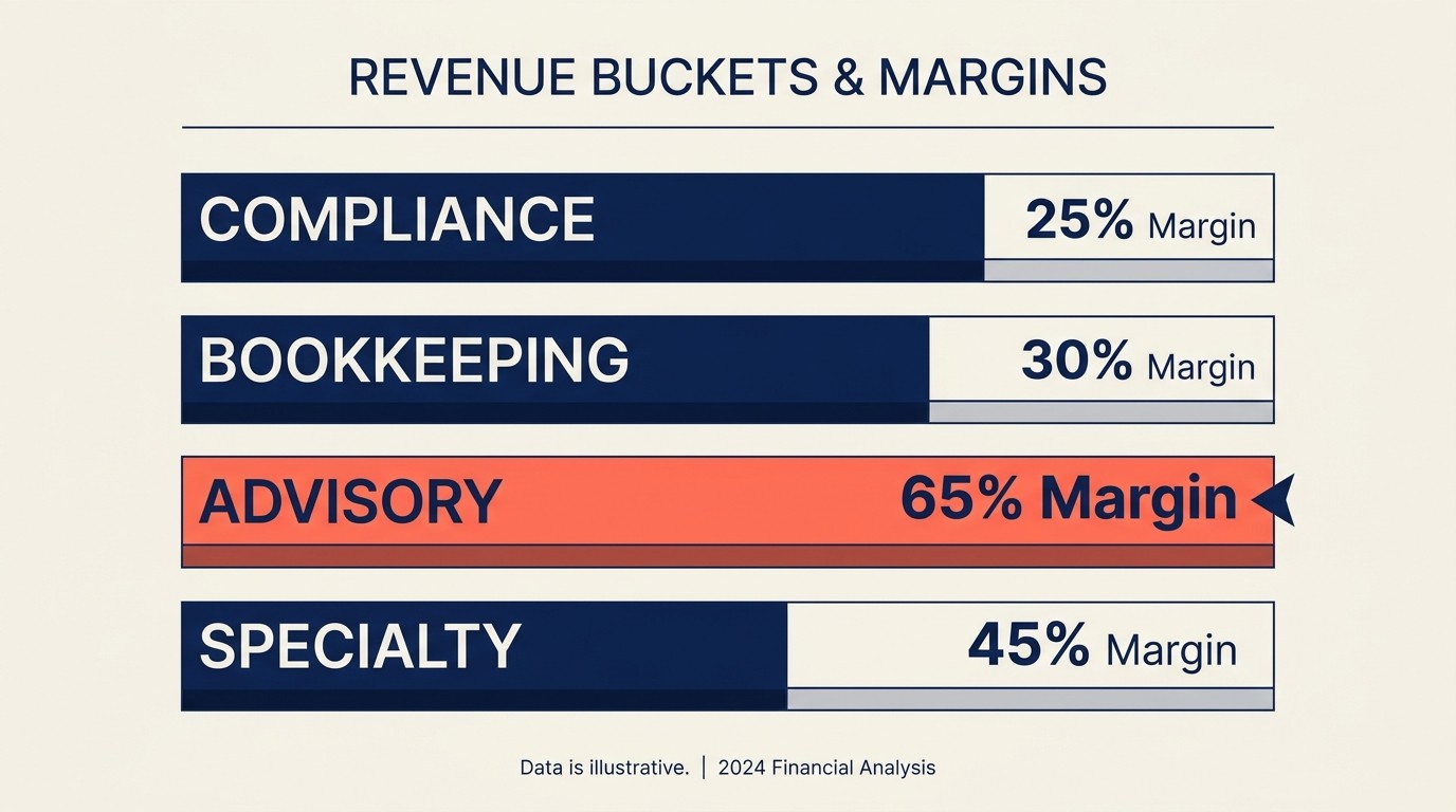 Accounting firm revenue mix showing compliance, bookkeeping, advisory, and specialty service lines with their gross margin profiles