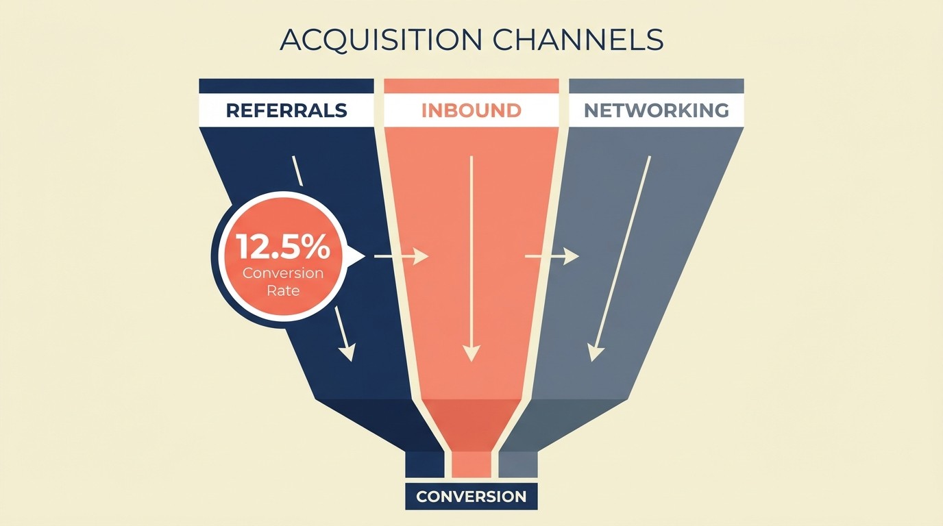 Three client acquisition channels for accounting firms comparing referrals, inbound marketing, and direct networking by cost and quality