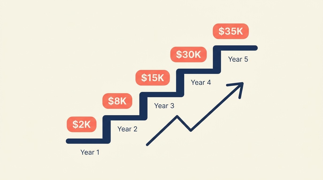 Five-year client lifecycle showing revenue expansion from a $2,000 tax return to a $35,000 full advisory relationship