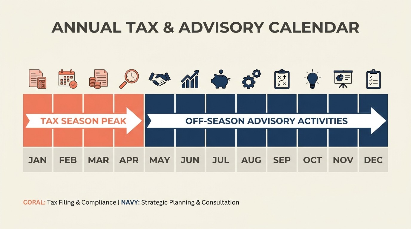 Tax season calendar showing peak revenue months alongside off-season planning, advisory, and business development activities