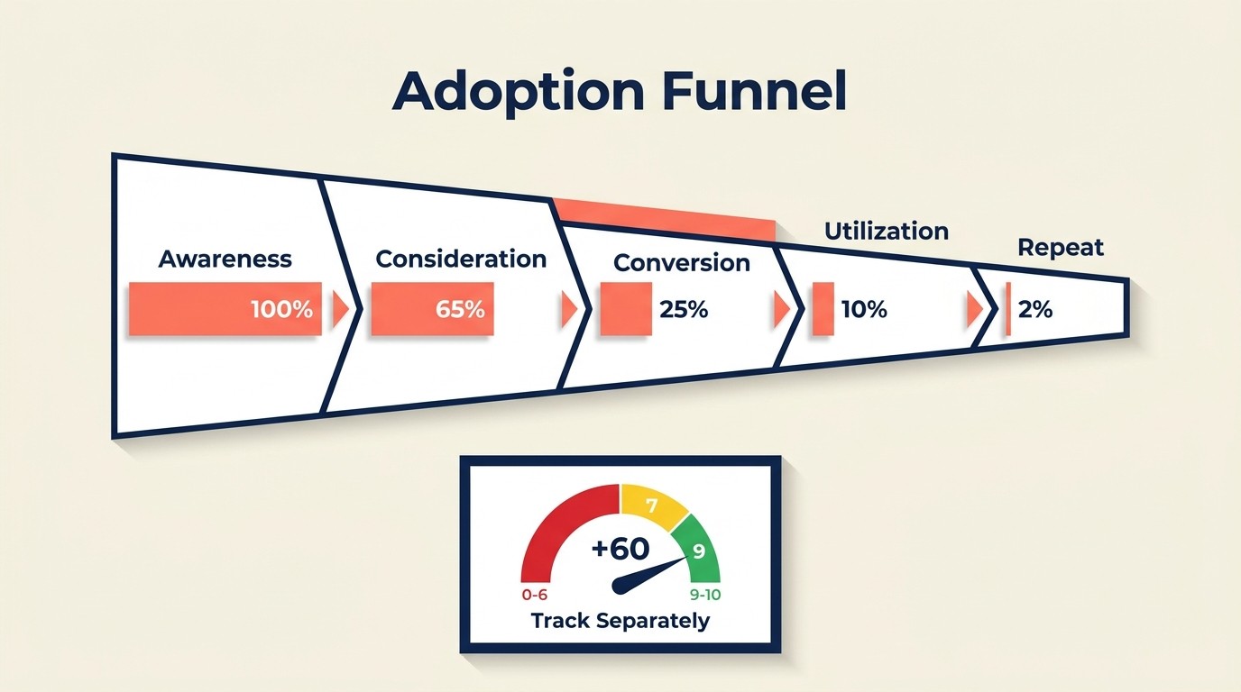 Adoption funnel tracking awareness, consideration, conversion, and utilization metrics