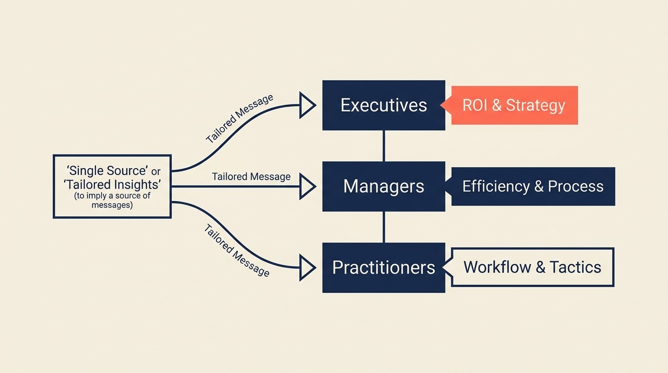 Multi-level client communication targeting executives, managers, and practitioners