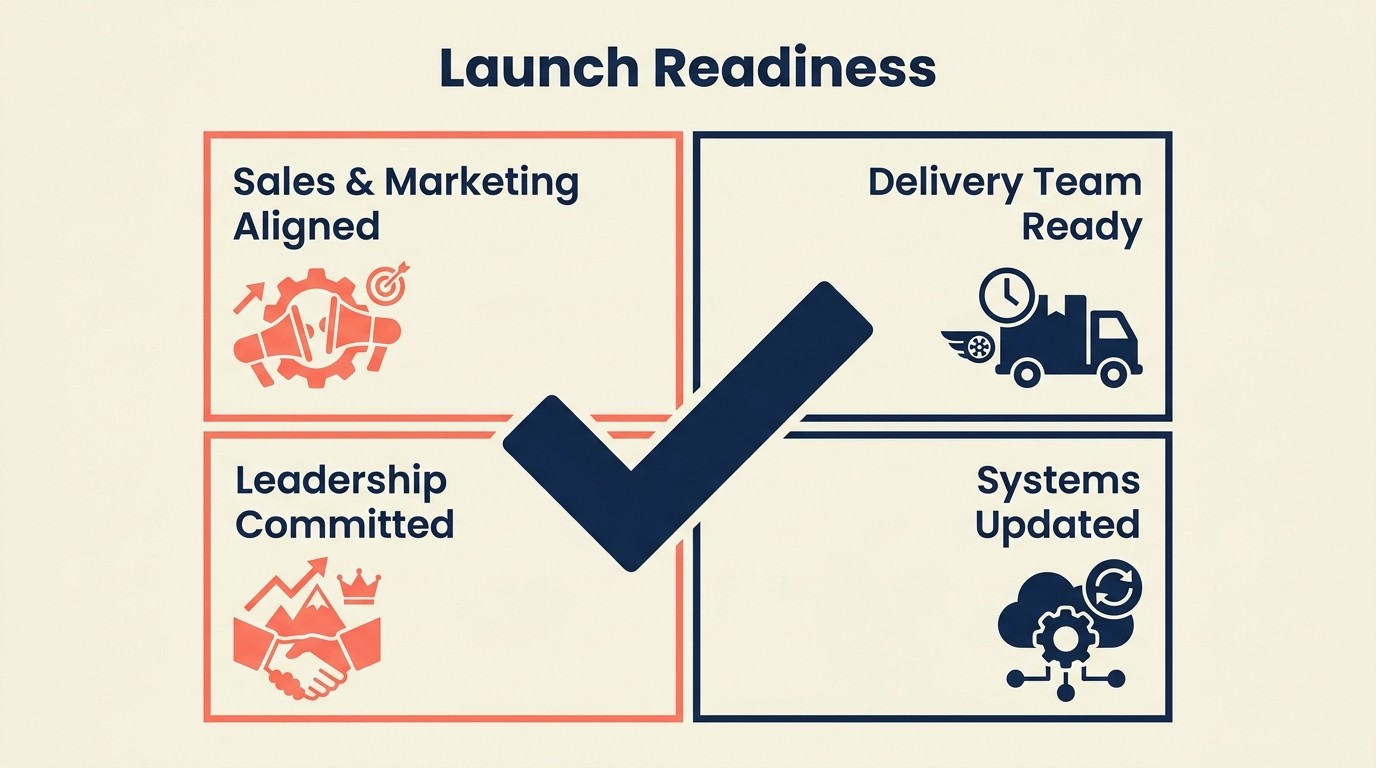 Internal alignment across sales, marketing, delivery, leadership, and systems before launch