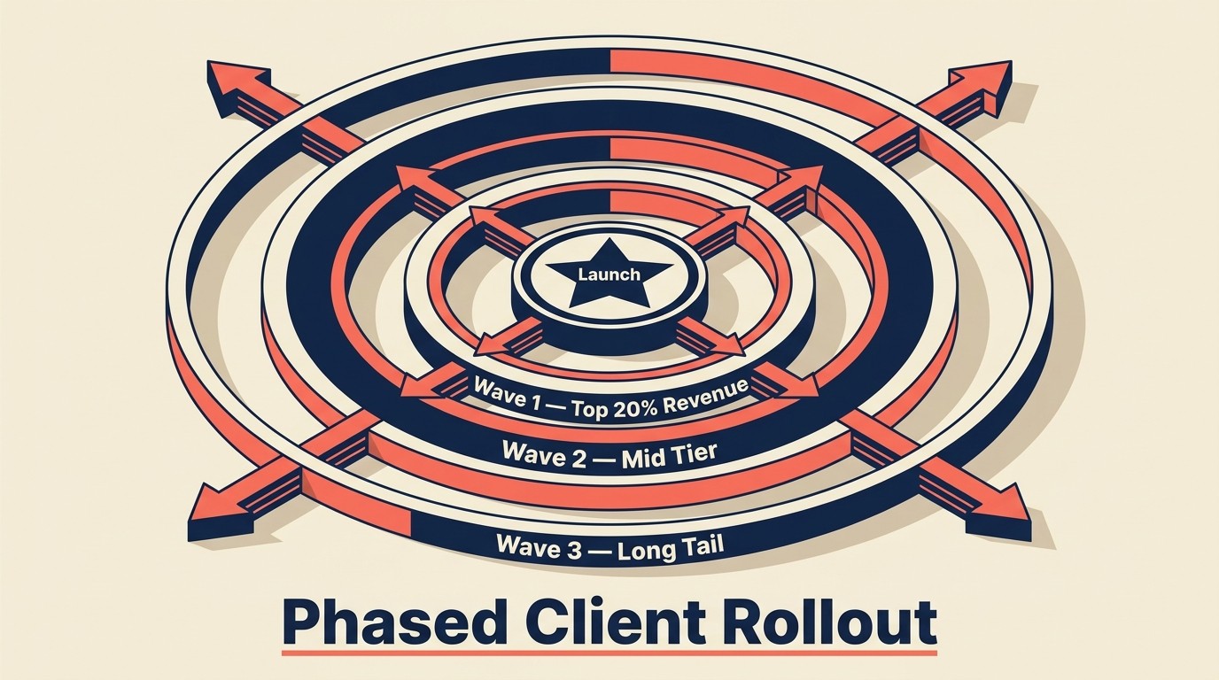 Phased rollout waves segmenting client base by need, revenue, and competitive risk