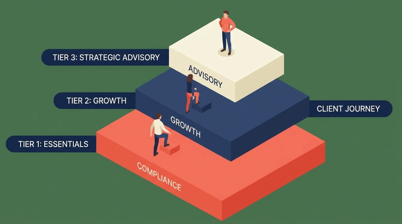 Client tier segmentation diagram showing high-potential medium and compliance-only clients with transition pathways