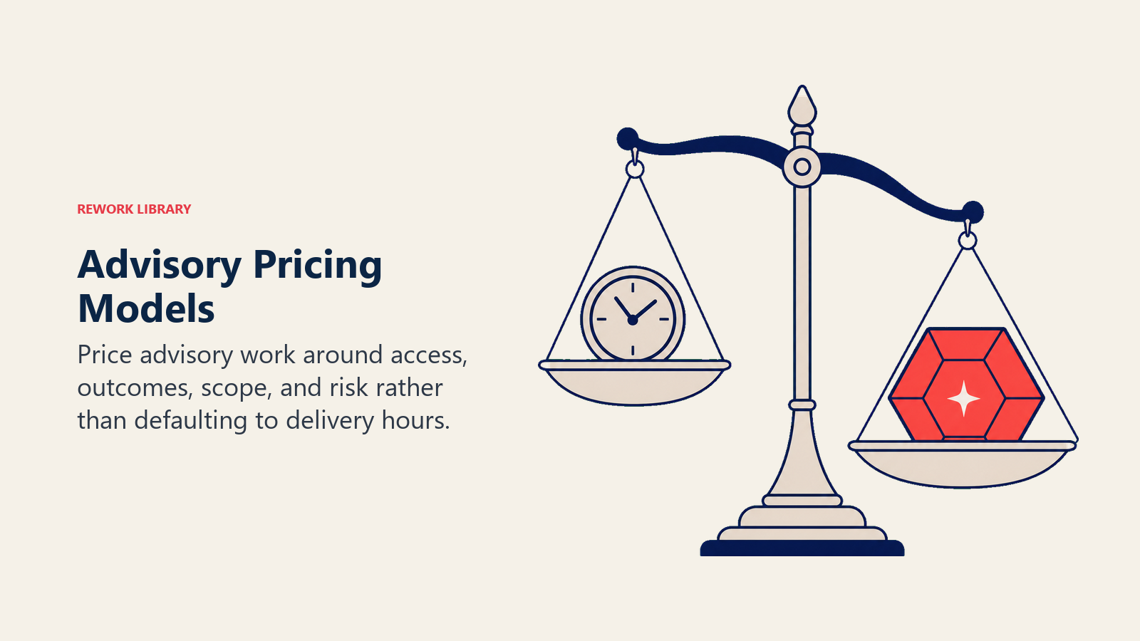 Advisory Pricing Models visual showing a balanced scale comparing a clock token with a larger outcome gem