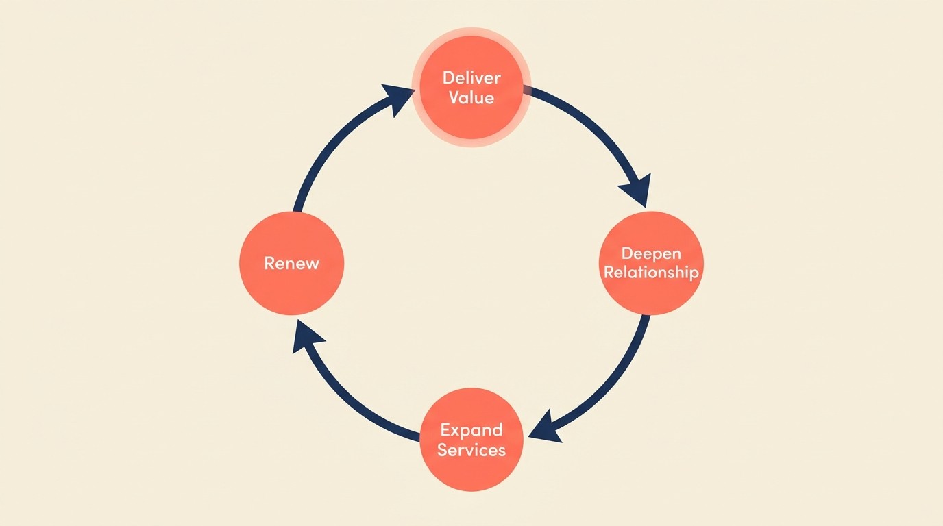 Client retention dashboard showing quantitative impact metrics satisfaction scores and expansion revenue growth indicators