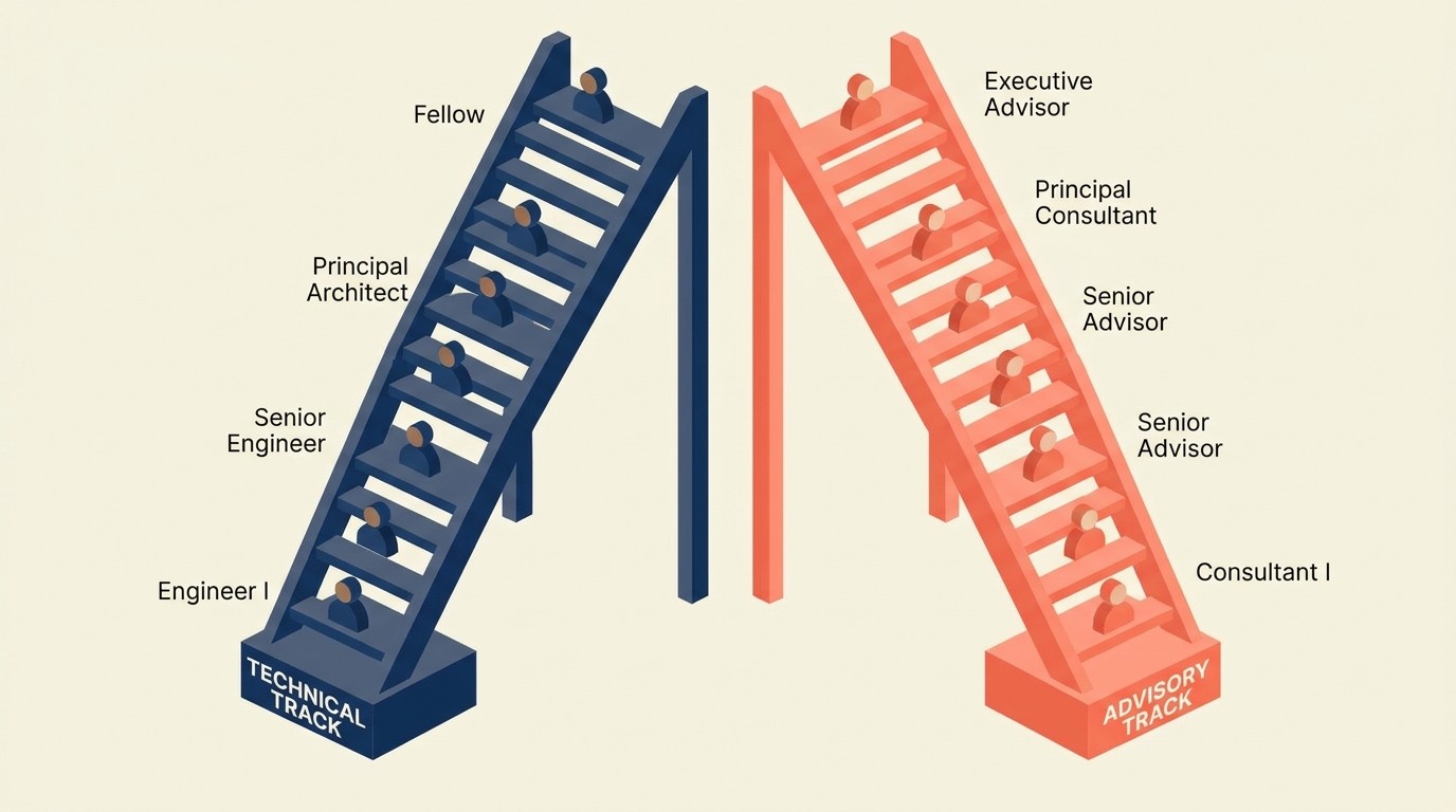 Two-track career path visualization comparing technical and advisory roles with compensation and utilization targets