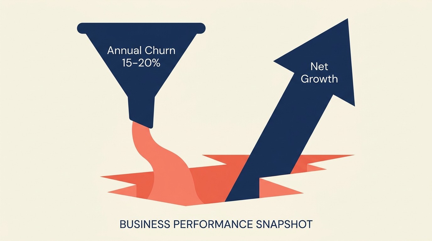 Agency owner facing client churn reality with 15-20% annual loss and 3-6 month break-even timeline