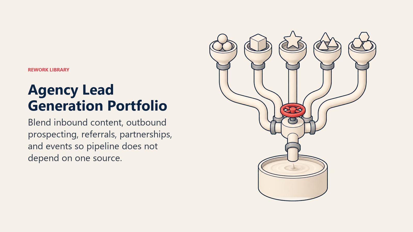 Agency Lead Generation Portfolio illustrated by five distinct lead streams converging through a portfolio valve into one opportunity reservoir