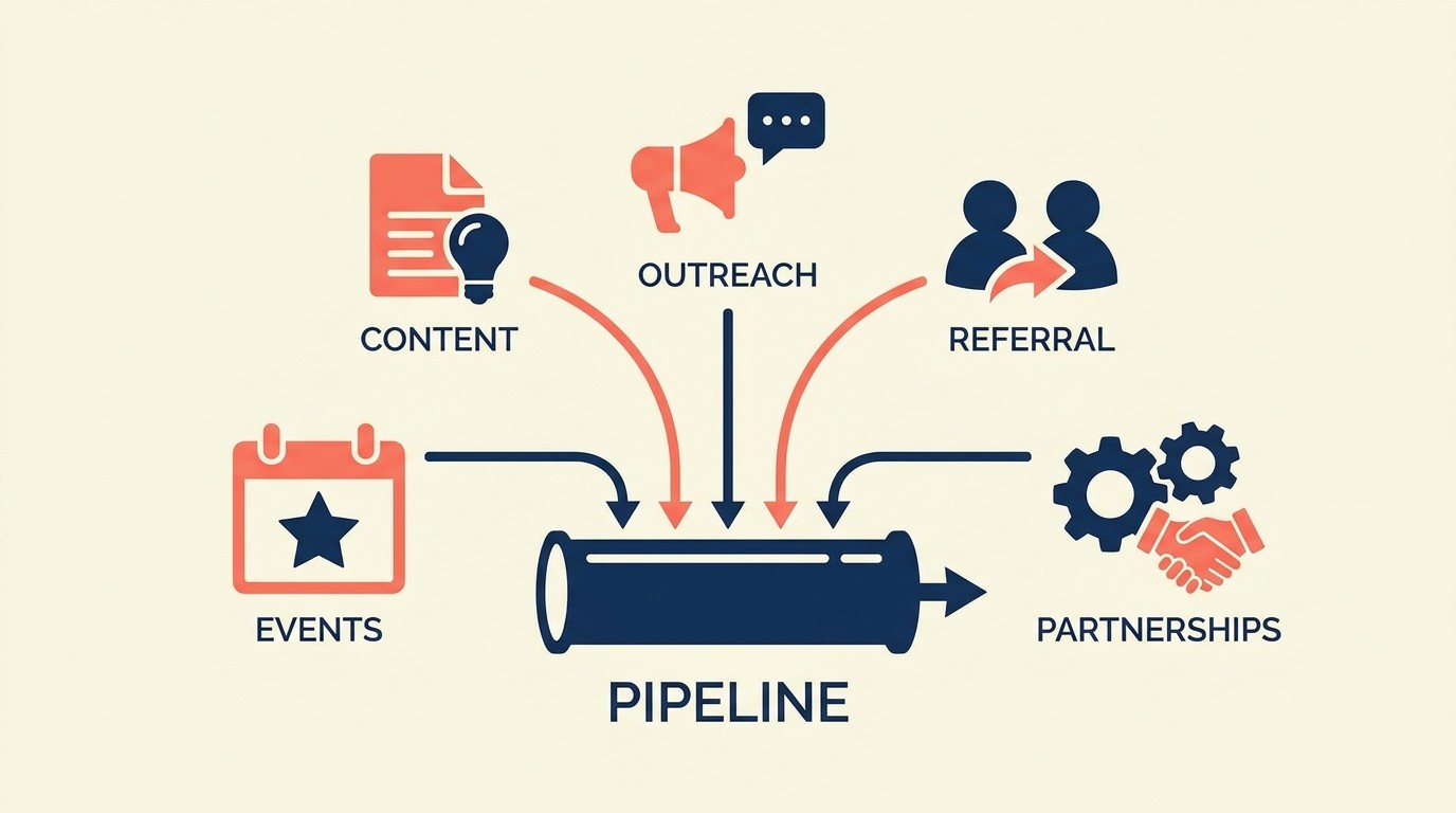 Portfolio of agency lead generation channels including inbound, outbound, referrals, events and partnerships