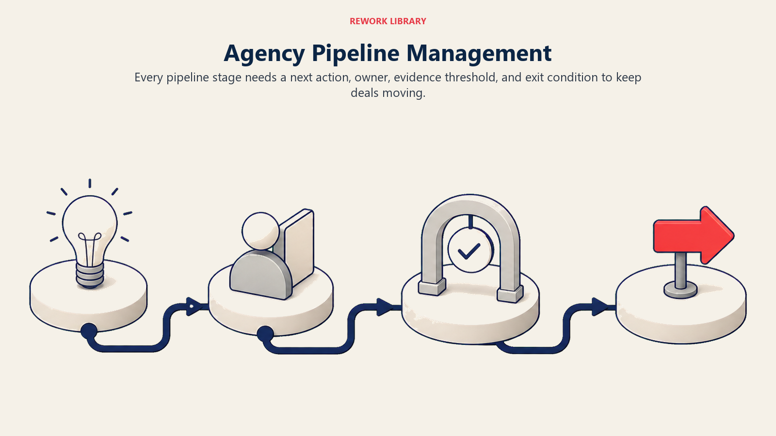Agency Pipeline Management illustrated by a wide stage route where each opportunity passes an owner station, evidence gate, and next-action marker