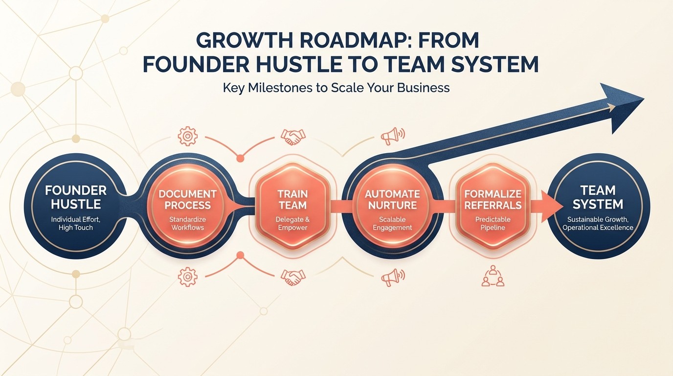 Transition from founder-led hustle to team-led systematic sales with process documentation, training and partnerships