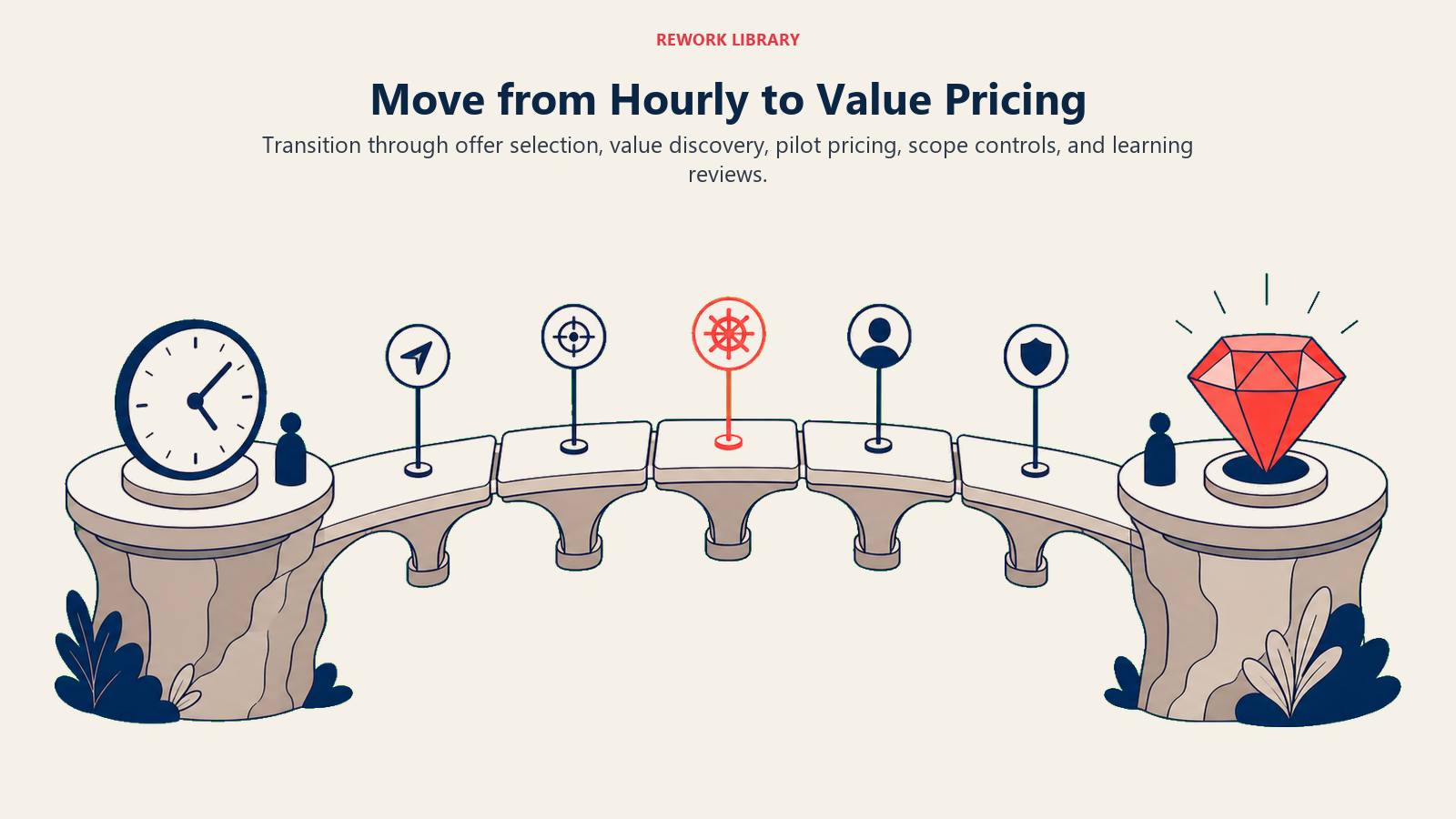 Move from Hourly to Value Pricing visual showing a wide five-stage bridge moving from a clock platform to an outcome gem platform with distinct pilot and scope-control checkpoints