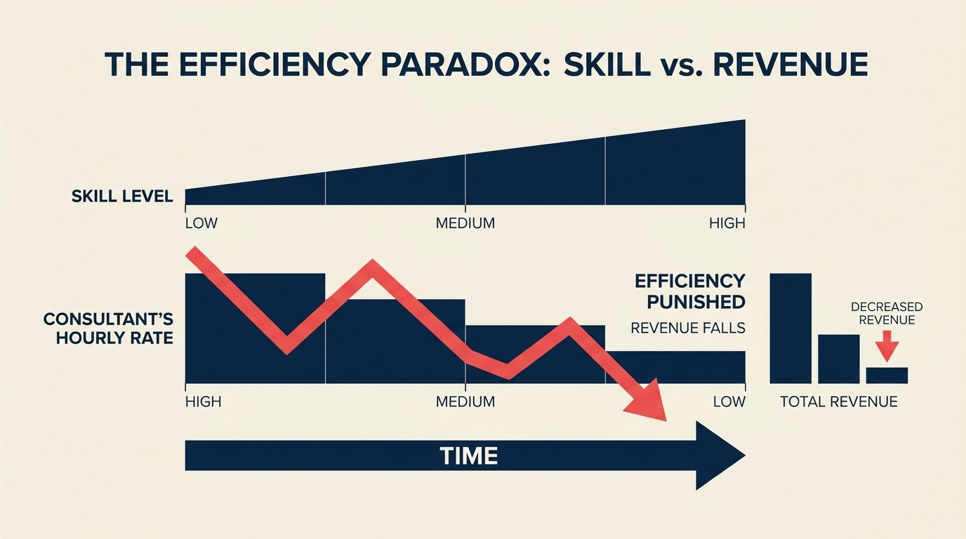 Billable hour trap showing how efficiency reduces revenue in hourly pricing