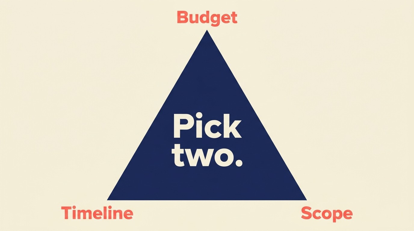 Project management triangle showing tradeoffs between budget, timeline, and scope