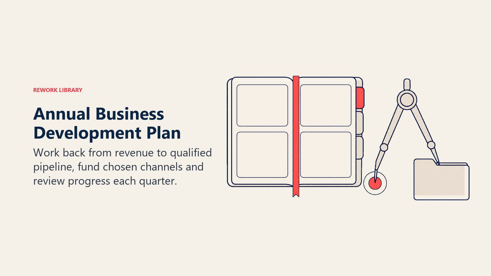 Annual business development planner with quarterly tabs and a divider linking revenue targets to opportunities.