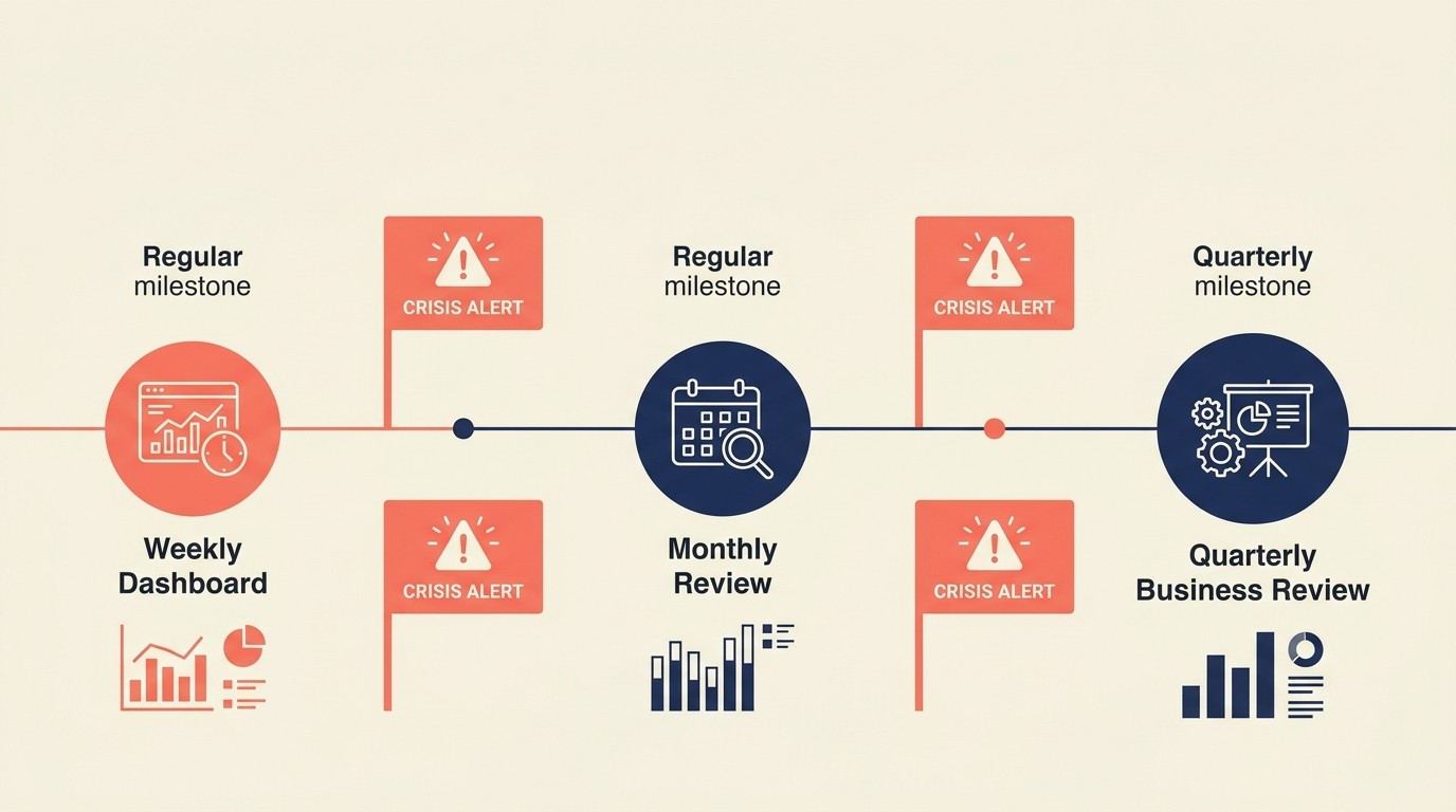 Campaign reporting cadence timeline: weekly dashboards, monthly performance reviews, quarterly business reviews, plus crisis and automated update protocols