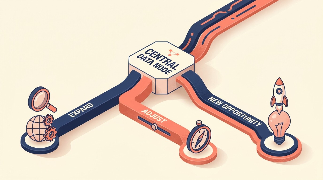 Five categories of forward-looking recommendations in a client report: what to scale, what to adjust, new opportunities, risks, and tests to run