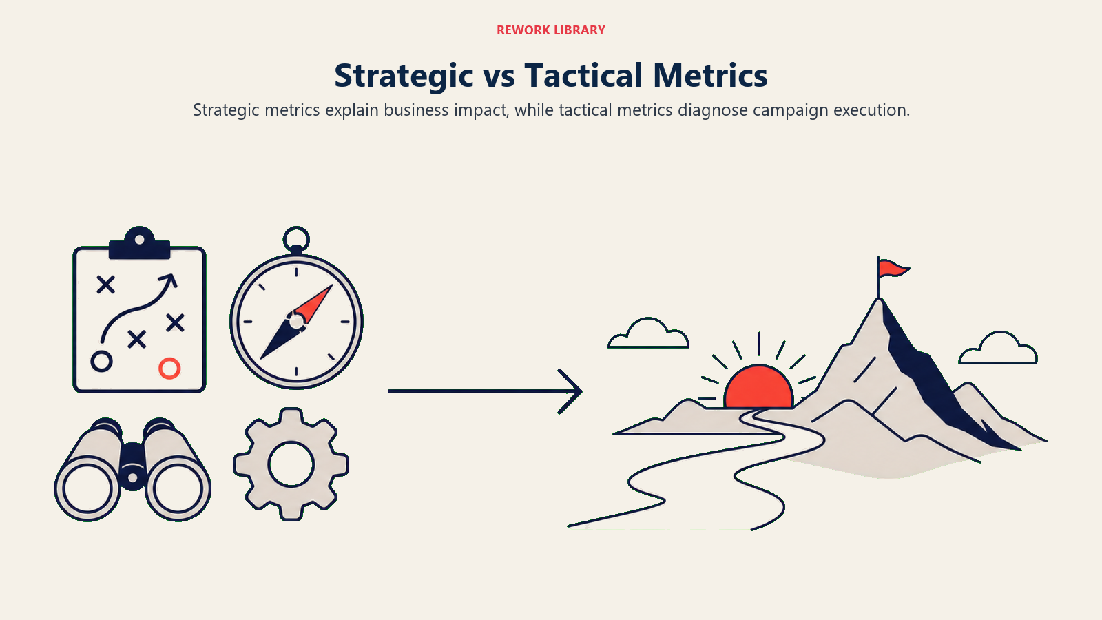 Strategic vs Tactical Metrics illustrated with two-level metric landscape