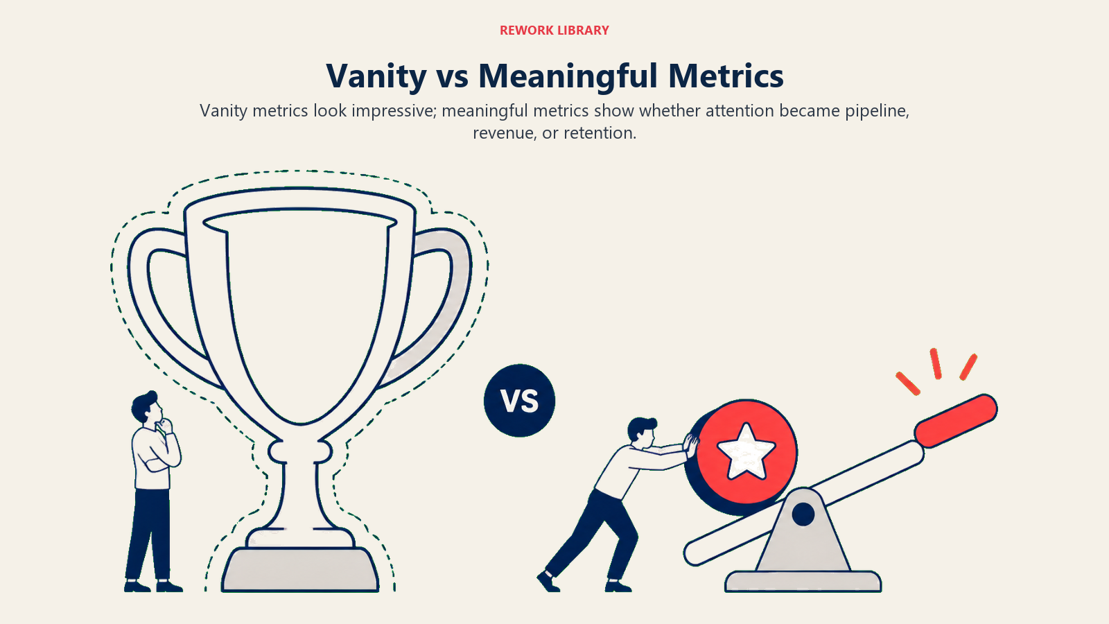 Vanity vs Meaningful Metrics illustrated with hollow trophy and weighted outcome