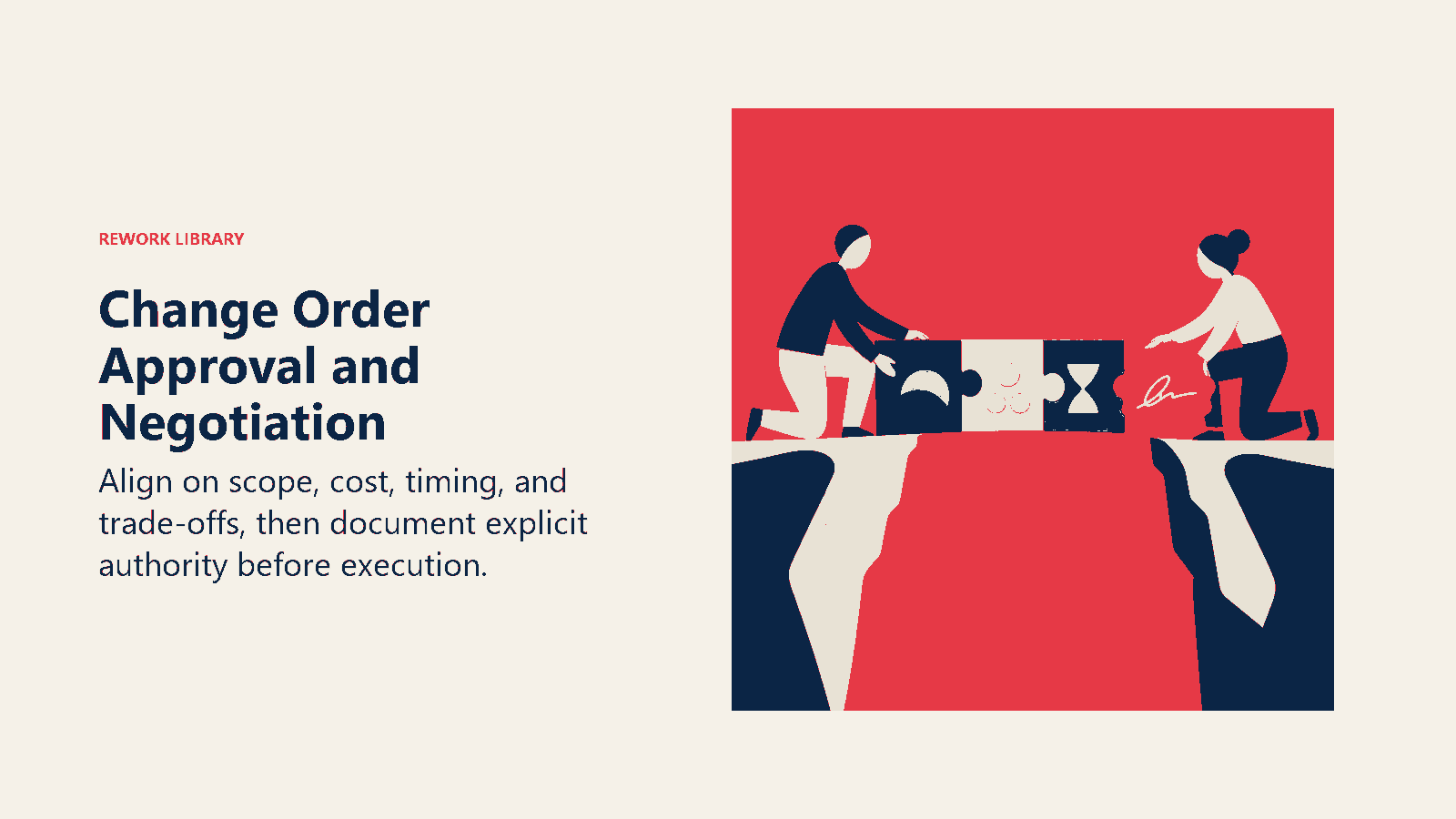 Change Order Approval and Negotiation shown as contract pieces align across a bridge toward a signed seal.