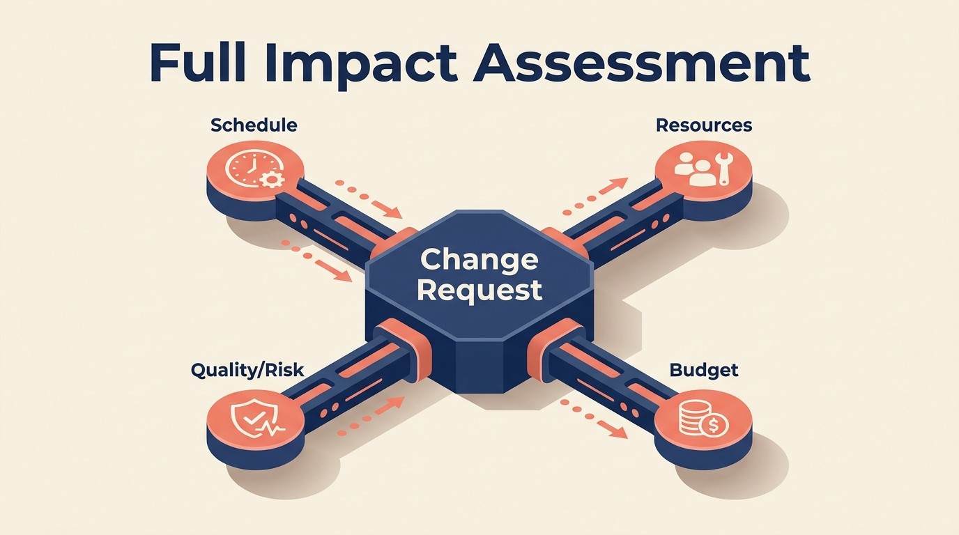 Full impact assessment dimensions: schedule resource quality risk and loaded budget cost