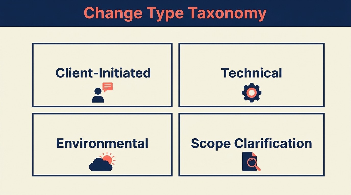 Four change types classification: client-initiated technical environmental and scope clarification