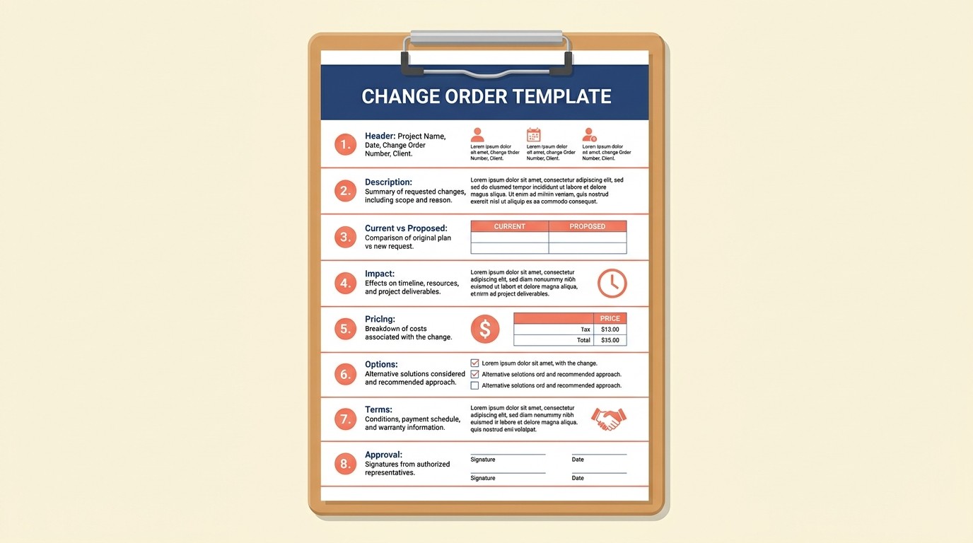 Change order document template showing header impact analysis pricing options and approval sections