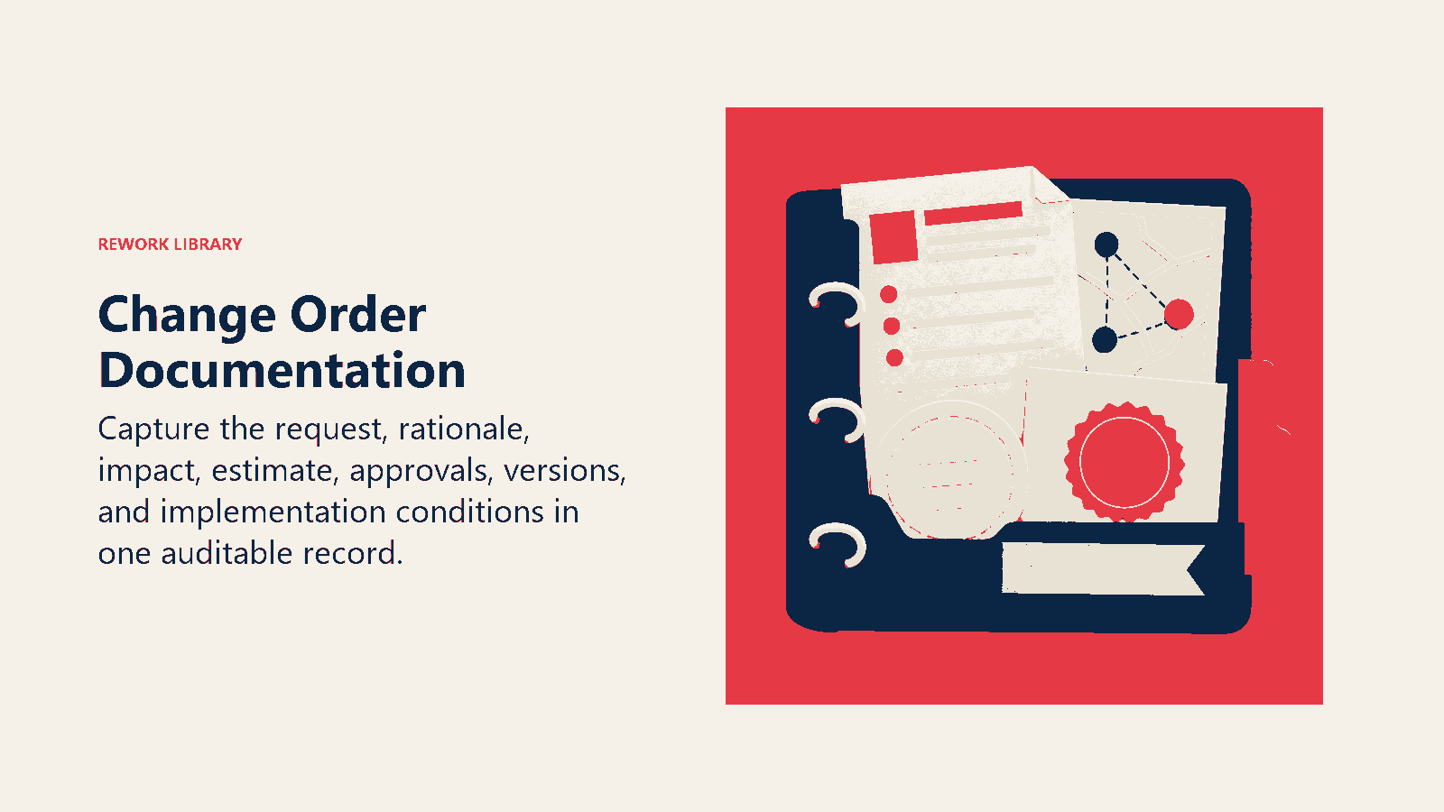 Change Order Documentation shown as a complete evidence packet sits inside one organized binder vessel.
