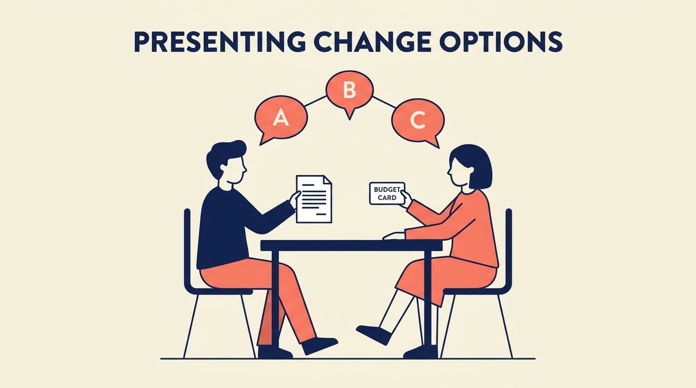 Client approval conversation showing transparent cost breakdown and partnership framing for change orders