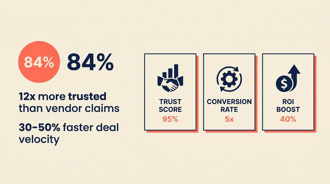 Bar chart showing peer recommendations drive 84% of B2B purchase decisions and accelerate deal velocity 30-50%