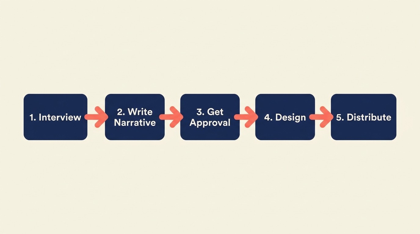 Five-stage case study production workflow from interview through distribution with review gates between steps