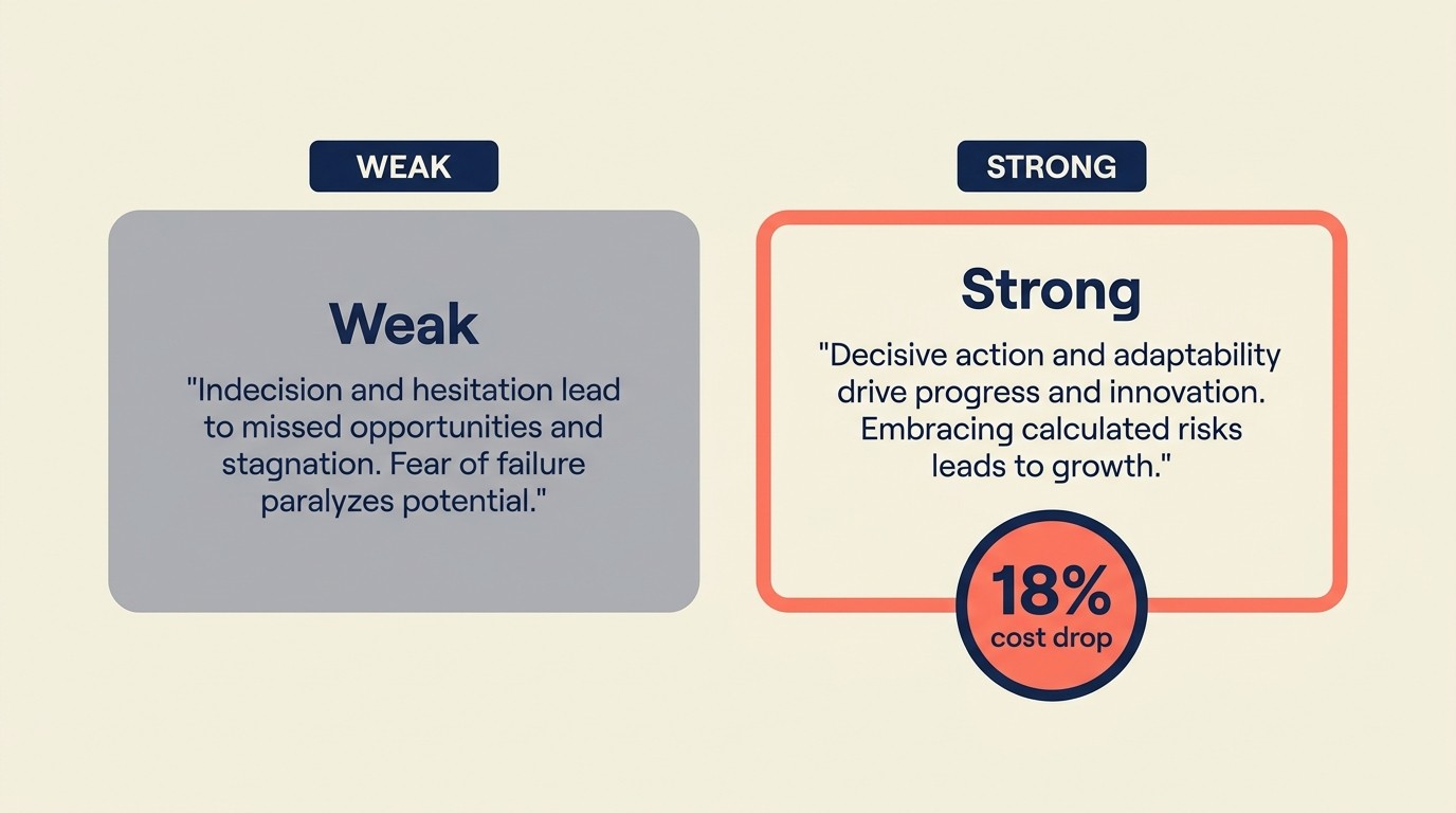 Side-by-side comparison contrasting weak generic testimonial against strong results-focused quote with specific metrics