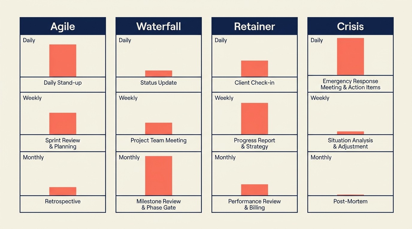 Communication patterns across agile, waterfall, retainer, crisis, and change management engagements