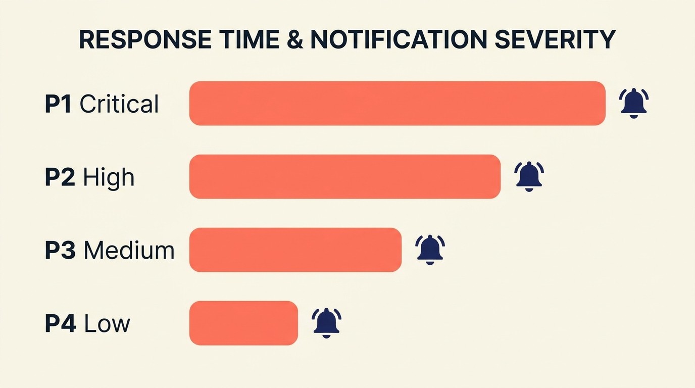 Severity levels, escalation paths, and response commitments for critical client issues