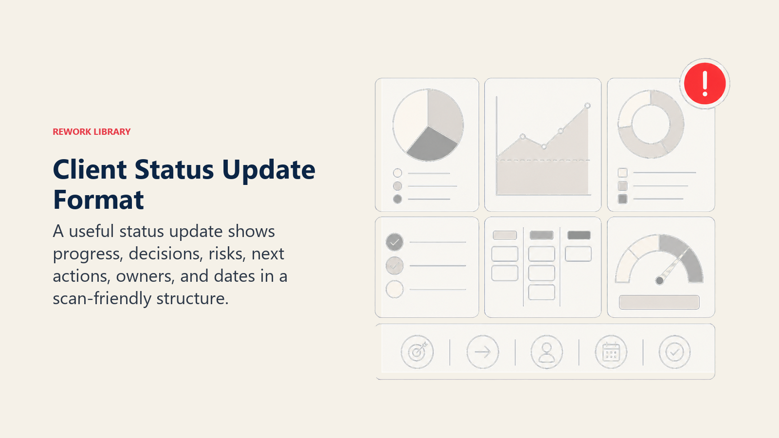 Client Status Update Format illustrated by a compact status brief artifact with six large visual zones, one coral risk marker, and a clear action tray, no text