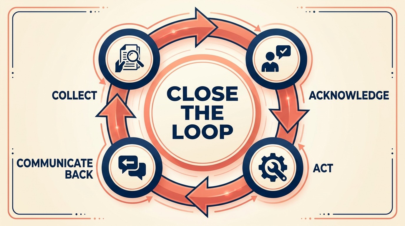 Loop-closing workflow moving from acknowledgment to action planning, communication, and impact measurement