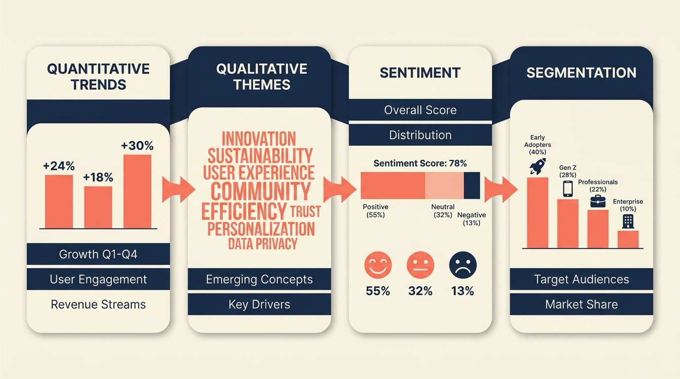 Analysis dashboard blending score trends, theme coding, sentiment, and segmentation to surface patterns