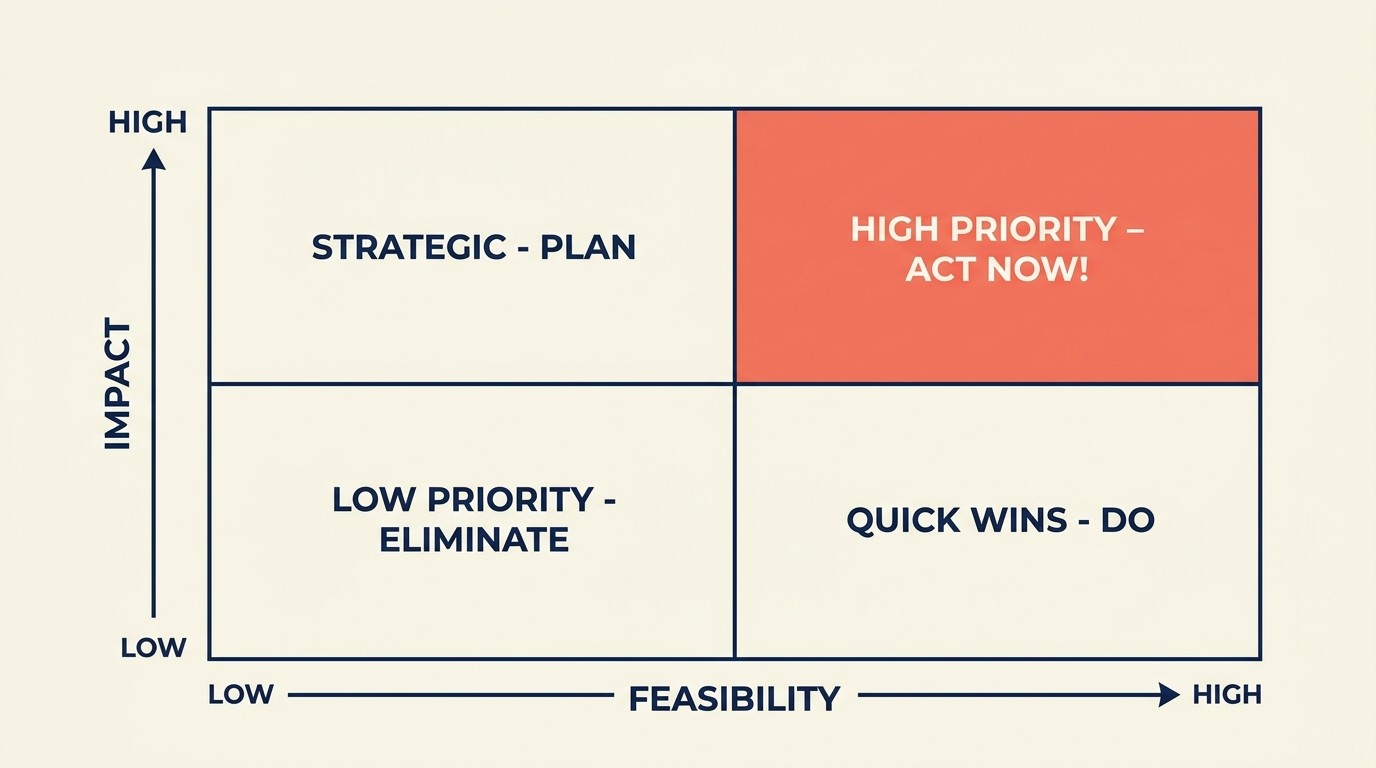Improvement prioritization matrix mapping impact, frequency, severity, and feasibility for fixes